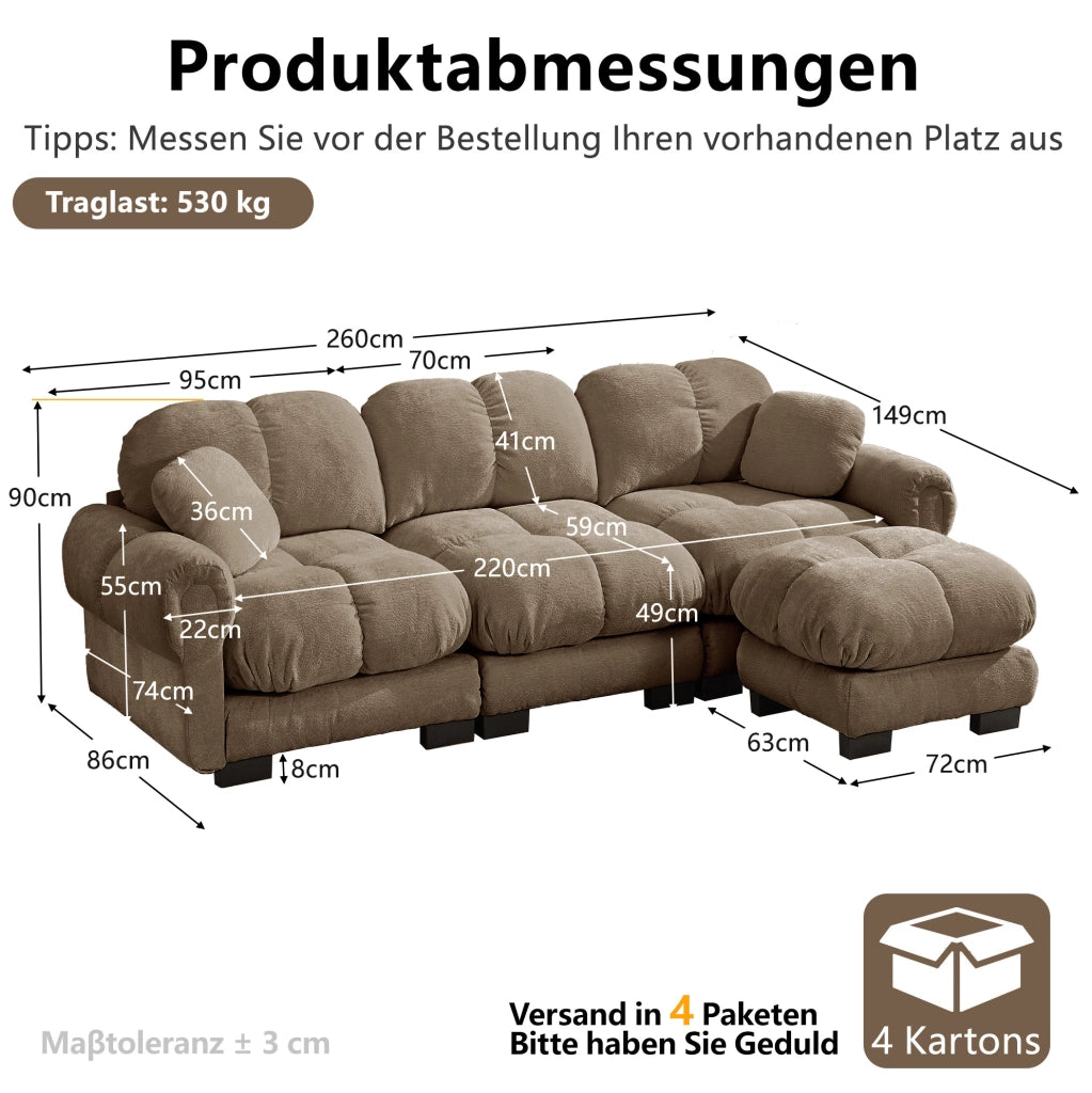 Divano angolare in ciniglia marrone con pouf mobile; 260 × 149 × 90 cm