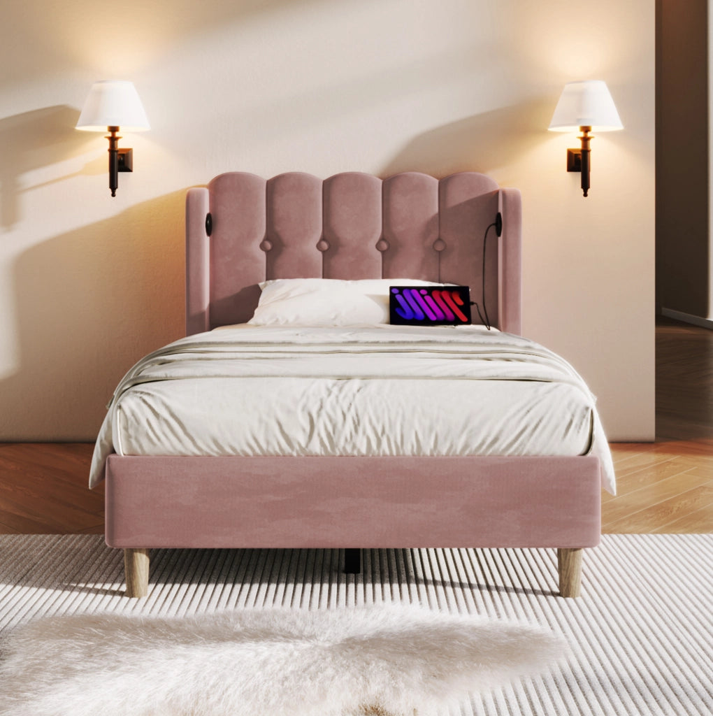 Letto singolo imbottito rosa 90x200 cm con USB e Type-C