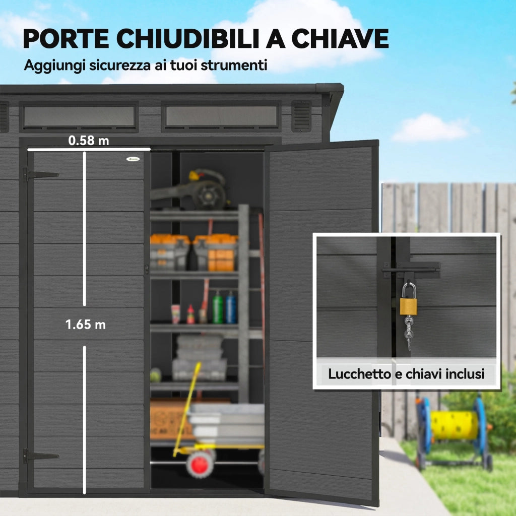 Casetta Box da Giardino 182x182x196 cm a 2 Ingressi con 3 Finestre e Prese d'Aria in PP e Alluminio Grigio Scuro