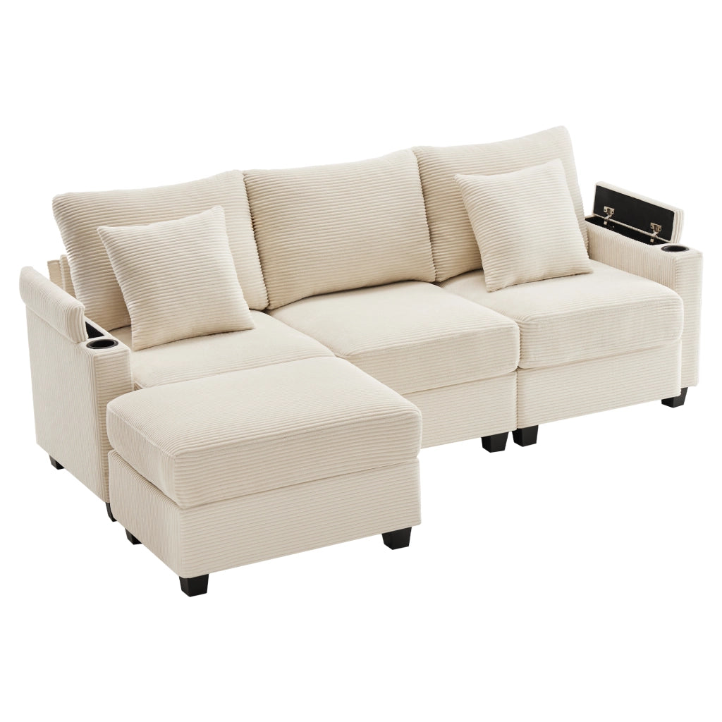 divano angolare reversibile 3 posti con pouf; portaoggetti; usb e tasche; in velluto a coste beige