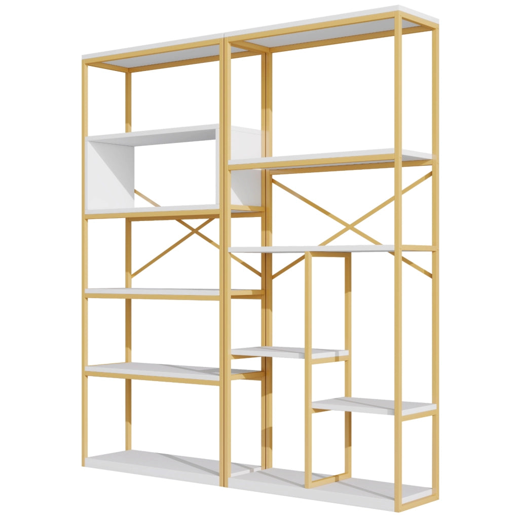 Libreria a ripiani aperti 160 x 29;5 x 180 cm in MDF e metallo oro e bianco