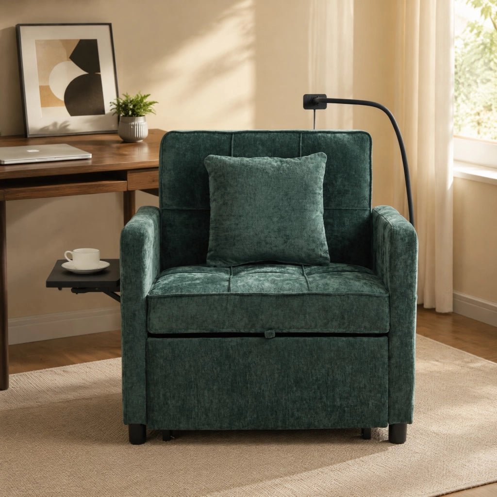 Poltrona letto 2 in 1 convertibile in chenille verde; 167 x 79 x 83 cm; con poggia-braccio