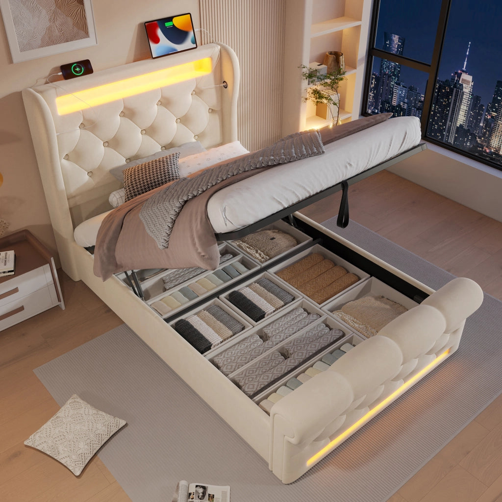 LETTO Imbottito con LED e USB/Type-C 90x200 cm Velluto Beige