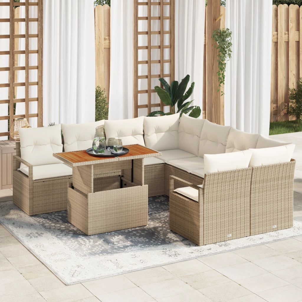Set di divani da giardino 9 pezzi con cuscini Beige Poly Rattan Acacia