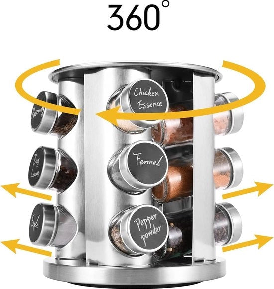 Kruidenrek verticale carrousel con 12 contenitori di erbe 100 ml, supporto in acciaio inox rotativo 360 gradi, carrello per erbe facile da pulire e adatto a molti utilizzi