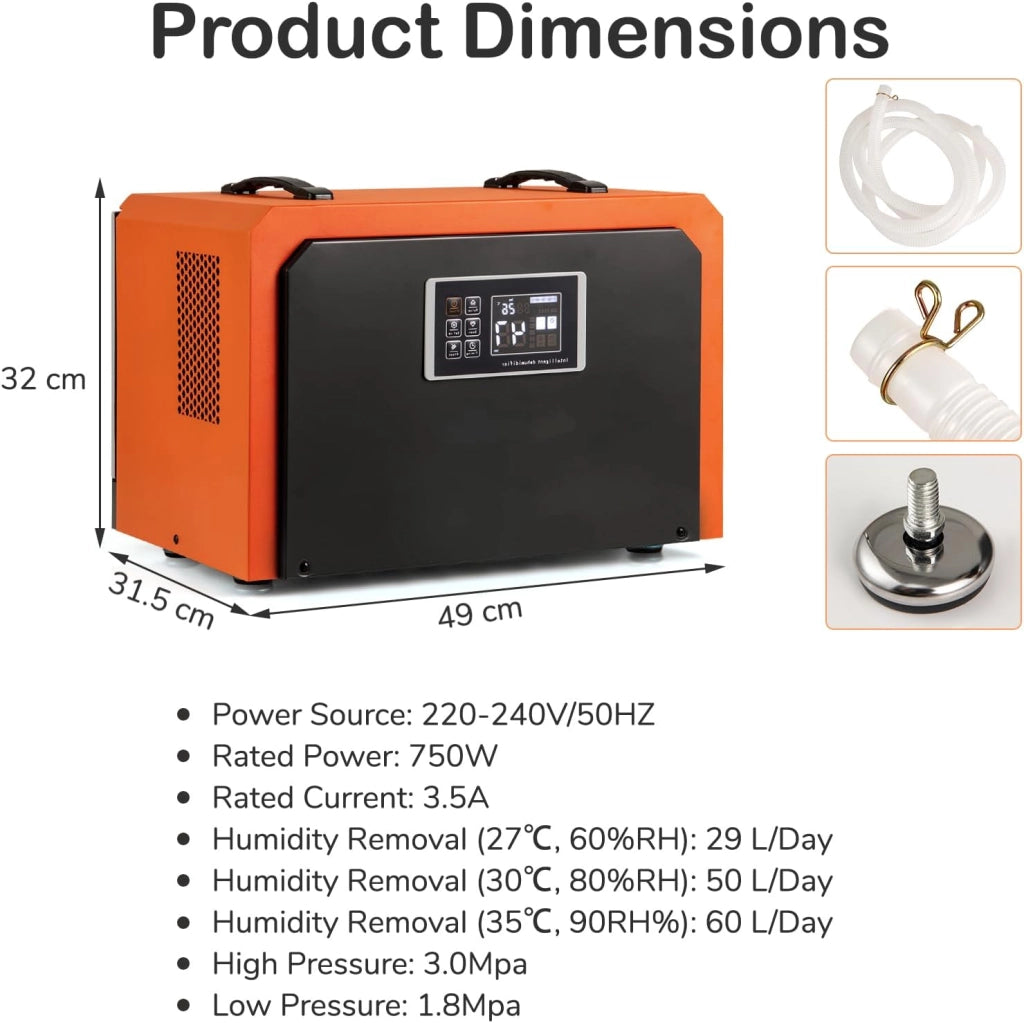 Deumidificatore Elettrico Professionale 750W, 60L/Giorno Max, 450m³/H, con Timer 24 Ore, Filtro Rimovibile e Lavabile, Protezione Alta/Bassa Temperatura, per Cantina, Magazzino, Box Auto
