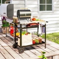 Carrello per Barbecue con Piano in Acciaio e Ripiano Regolabile, Ruote e Ganci, 100x52x80 cm, Nero