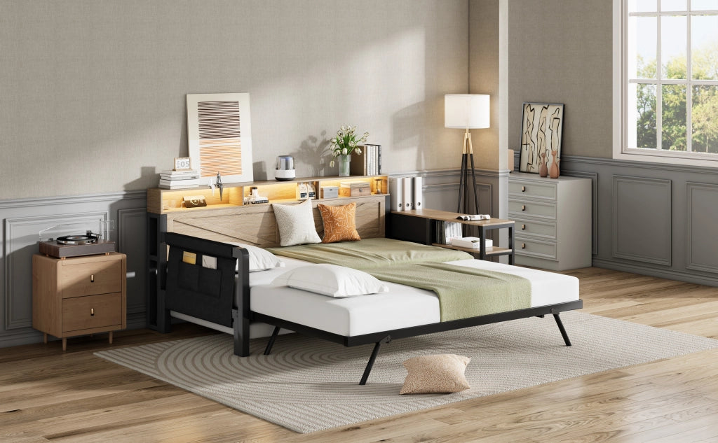 Divano letto in metallo 90x200 nero, letto estraibile regolabile, letto con 3 cassetti, LED e USB