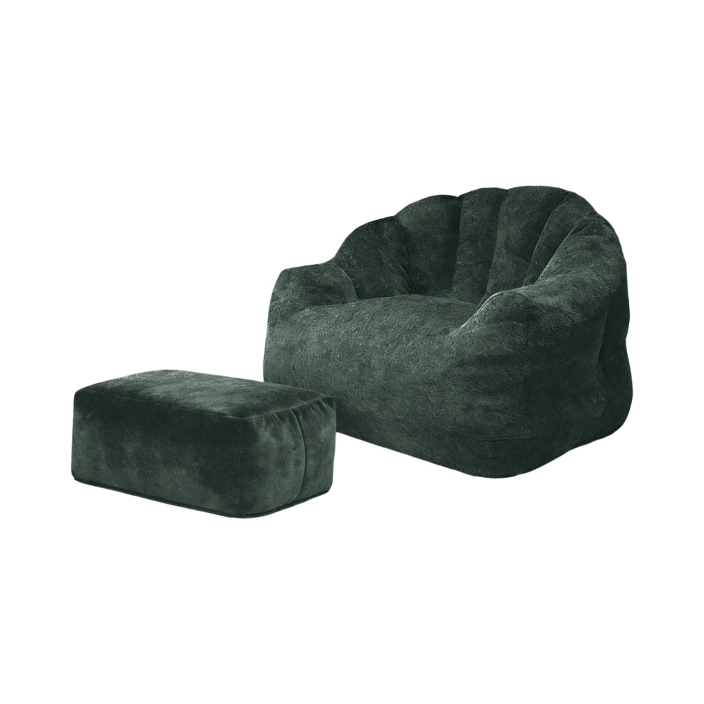 Poltrona singola con pouf, velluto a coste verde scuro, schienale a petalo