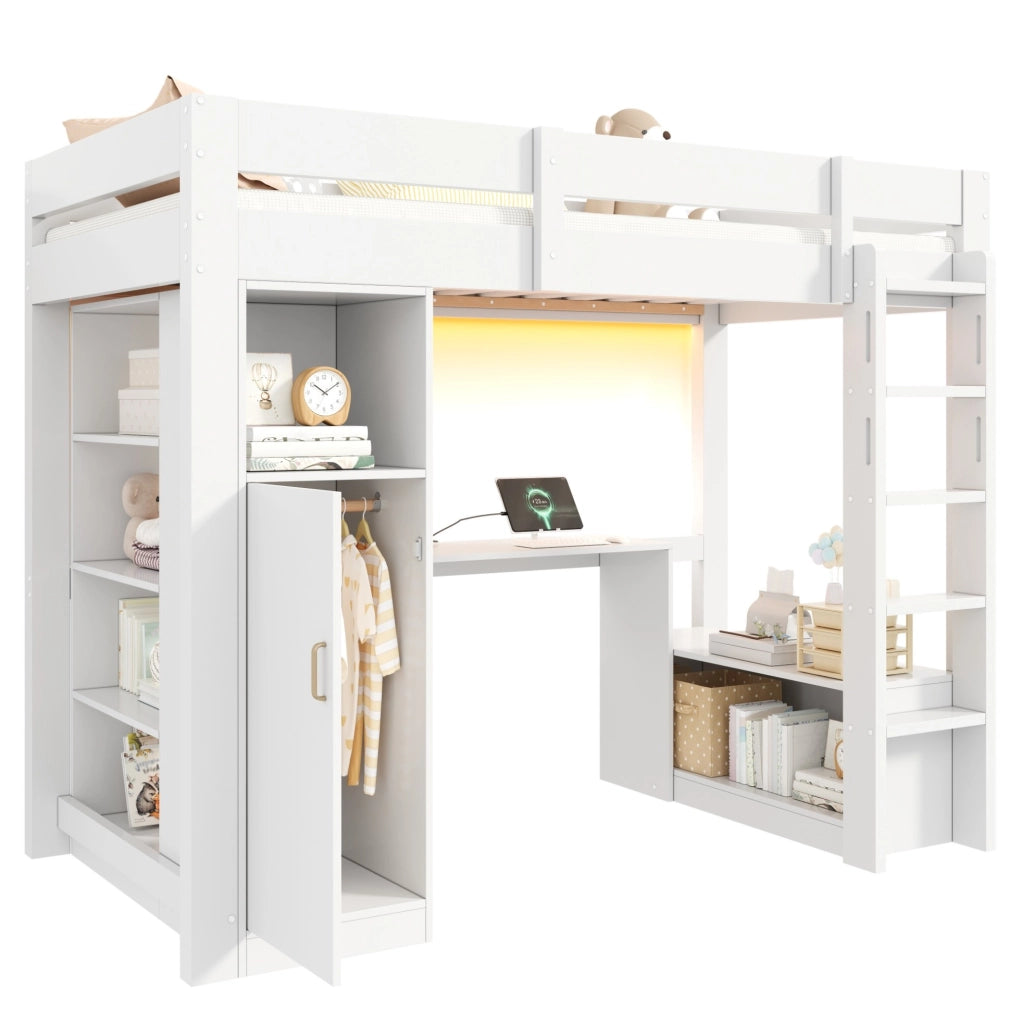 Letto a soppalco 90x200 cm con scrivania, armadio e LED in legno di pino e MDF bianco