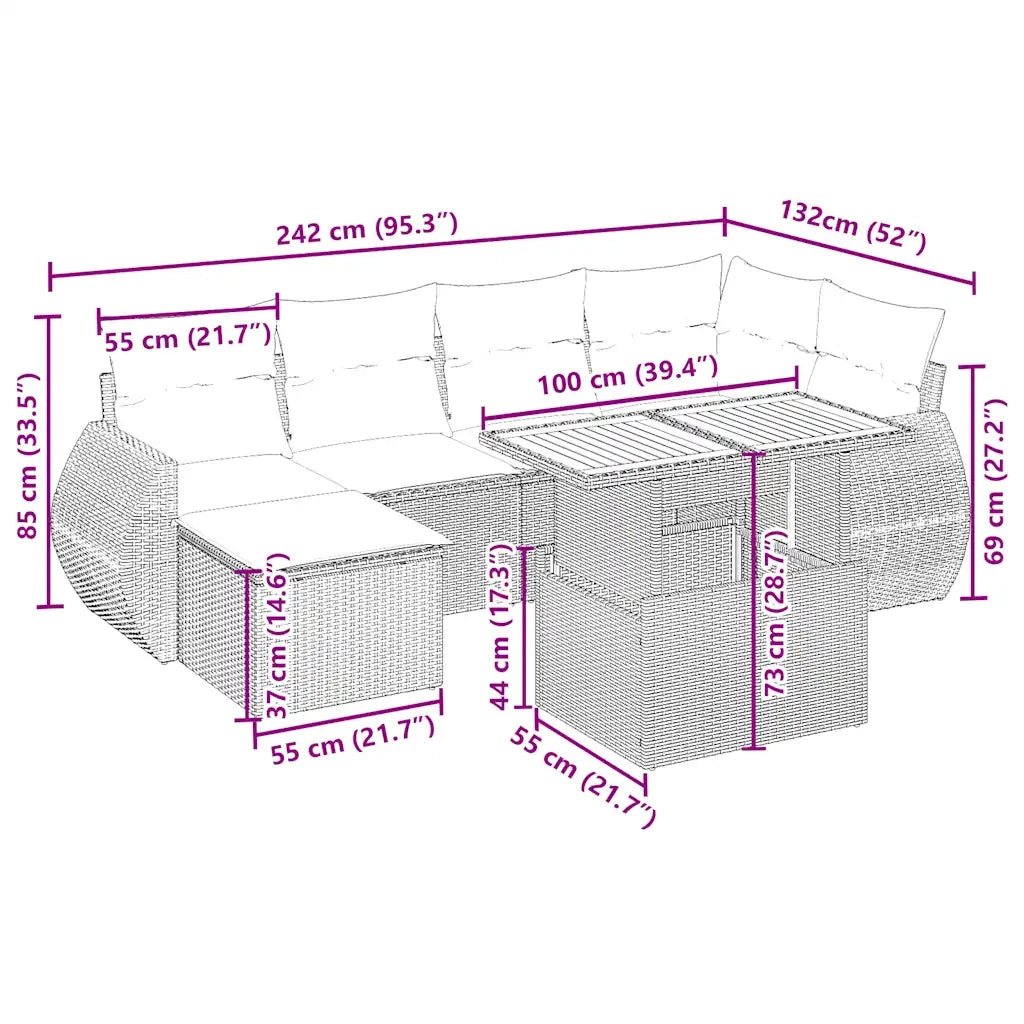 Set Divani da Giardino 7 pz con Cuscini Beige in Polyrattan