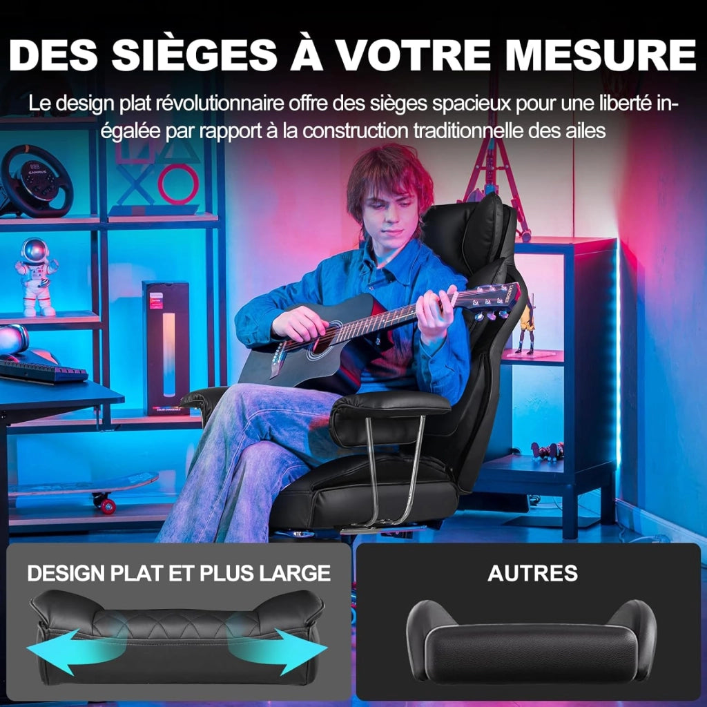 Sedia da gioco, ergonomica da ufficio con supporto lombare a molle insacchettate, seduta ampia con braccioli morbidi e poggiapiedi, regolabile in altezza, nero scuro