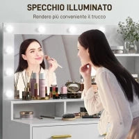 Tavolo da Trucco in Legno con 4 Cassetti, 6 Ripiani Aperti e Specchio, 100x40x138 cm, Bianco