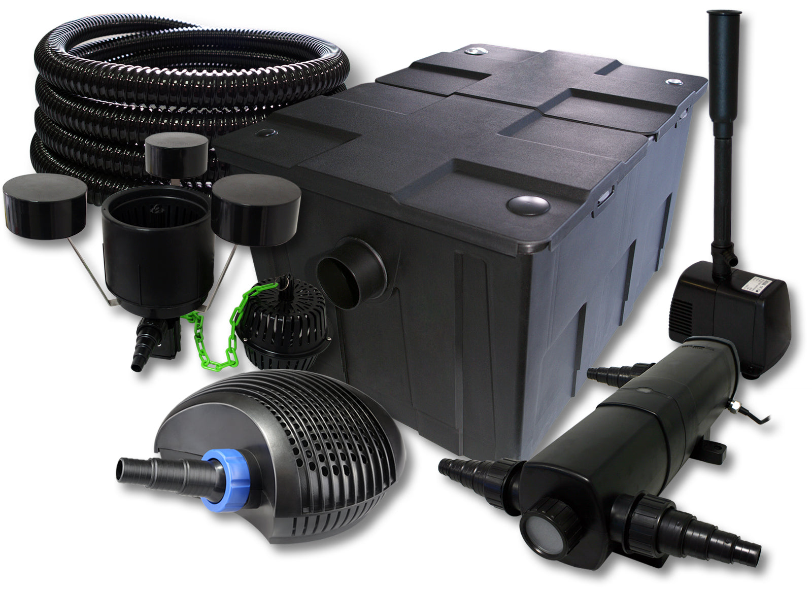 Set Filtro laghetto 60000l Chiarificatore 36W Pompa ECO 40W Skimmer Tubo 25m Pompa fontana