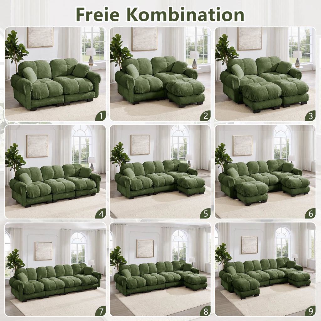 Divano modulare a U con pouf mobile e cuscini design trapuntato seduta confortevole in chenille verde 260 × 149 × 90 cm