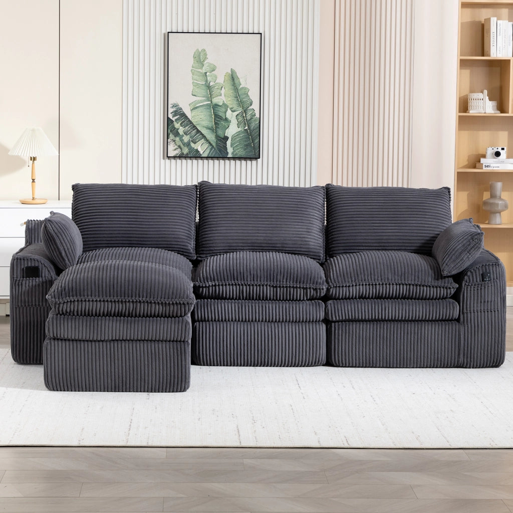 Divano componibile in velluto a coste grigio scuro con cuscini tasche laterali e pouf 263 × 167 × 85 cm