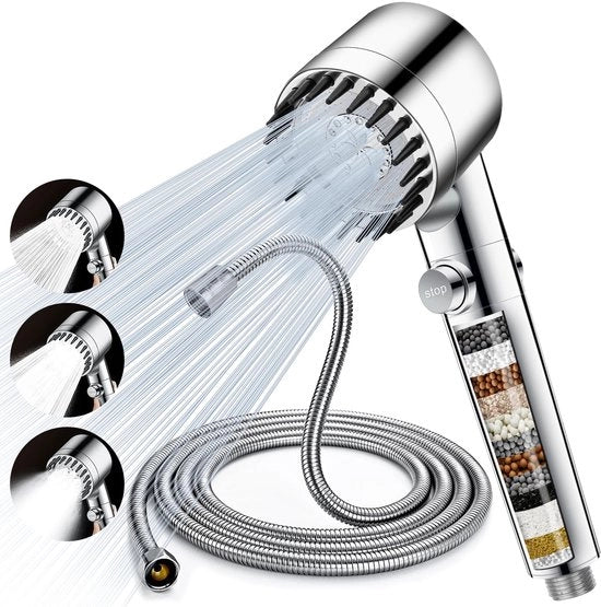 Douchekop con 2M slang, douchekop alta pressione con filtro, douchekop a risparmio d'acqua con 3 tipi di getto e funzione di blocco, maniglia per doccia con filtro 15 strati per l'eliminazione del cloro, cromo