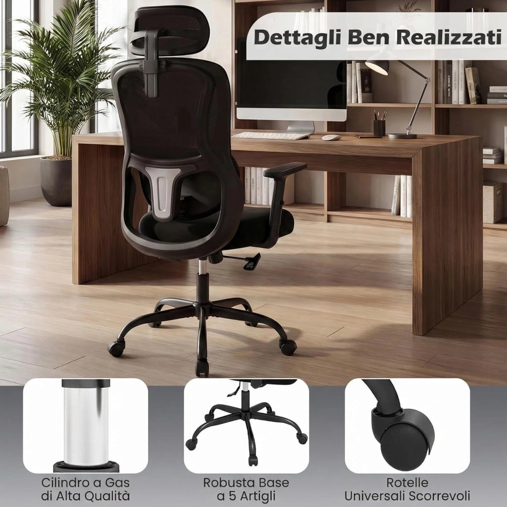 Sedia da Ufficio Ergonomica con Poggiatesta, Sedia da Scrivania con Schienale Regolabile, Supporto Lombare e Braccioli, Sedia da Lavoro Girevole per Computer per Casa, Ufficio e Studio