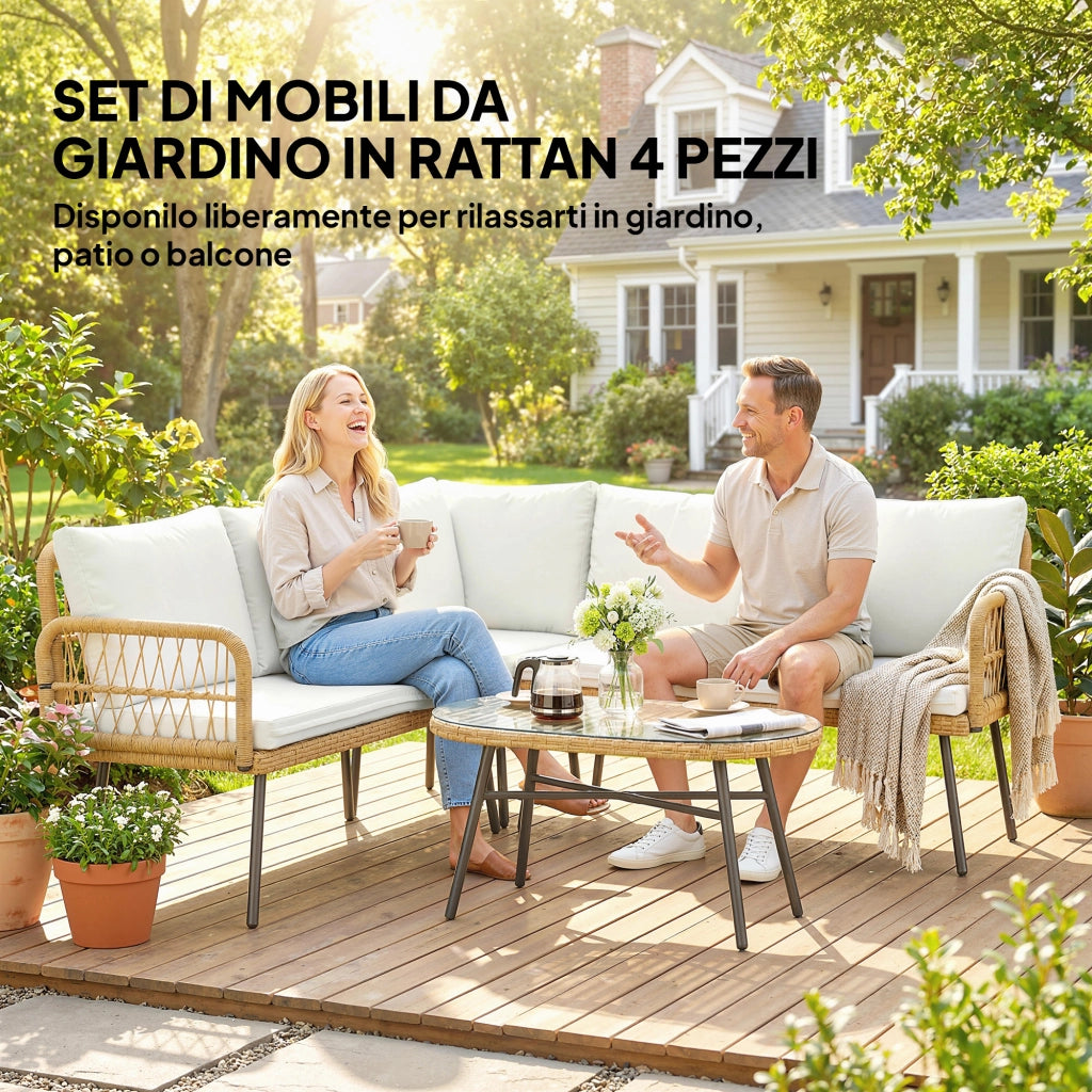 Set 4 Pezzi Salotto da Giardino con 2 Divani 2 Posti Angolari e Tavolino da Caffè in Acciaio e Rattan Legno e Crema