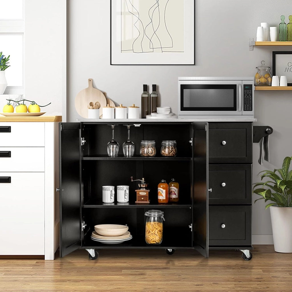 Carrello da cucina con piastra in acciaio inox, armadio da cucina con ruote, isola da cucina mobile con 3 cassetti e ripiani regolabili, carrello da portata in legno, carrello da cucina, 135 x