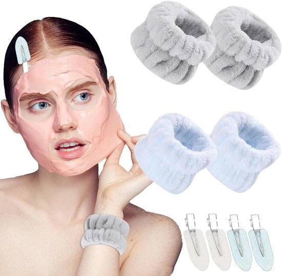 Set di bende per il lavaggio del viso, donne, maniche assorbenti, Blu - Set da 2 con 4 clip a forma di oca