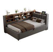 Letto imbottito 90x200 cm; testiera multifunzione con luce e porte USB e Type C; velluto; grigio