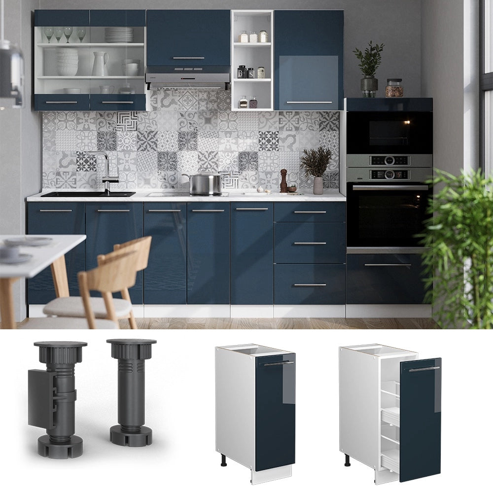 Armadio cucina dispensa alto Fame-Line Blu scuro lucido/Bianco 30 cm senza piano di lavoro Vicco