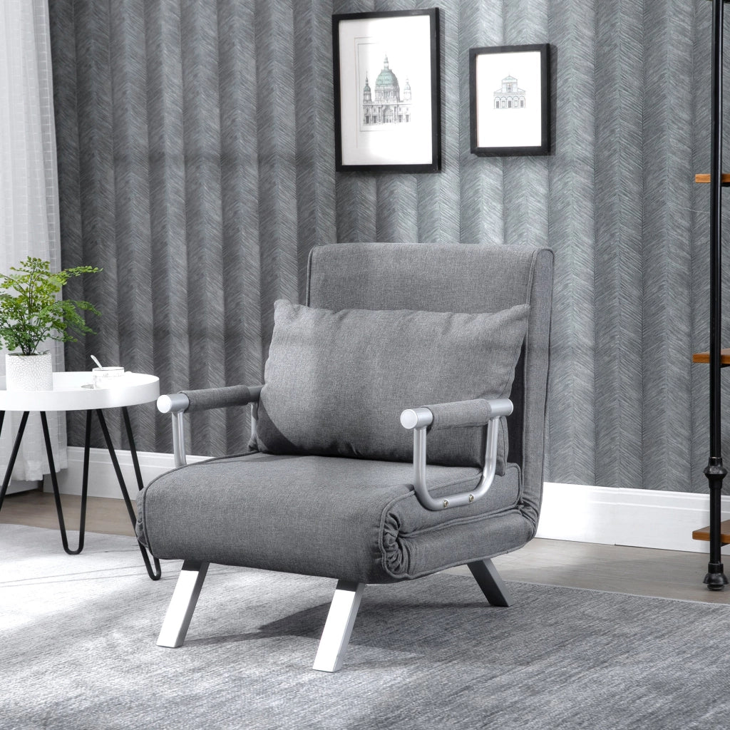 Poltrona Letto Singolo con Schienale Regolabile a 5 Livelli e Cuscino 65x69x80 cm in Tessuto Grigio Chiaro