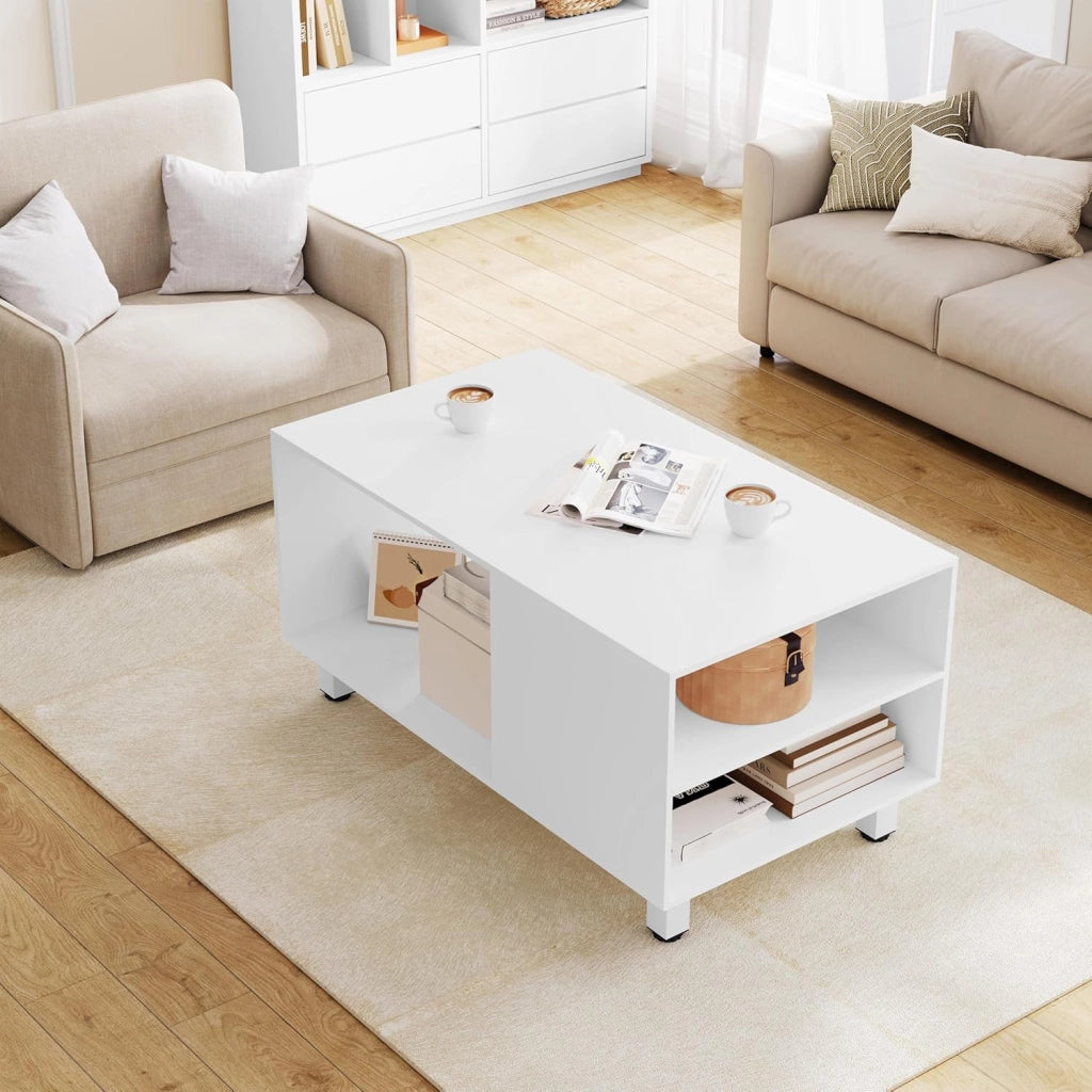 Tavolino con Vano Portaoggetti, Tavolino da Divano con 3 Scomparti, Tavolino da Divano con Gambe in Metallo, per Divano da Salotto, 50 kg Caricabile, 90x50x45 cm, Bianco, BTS23ws