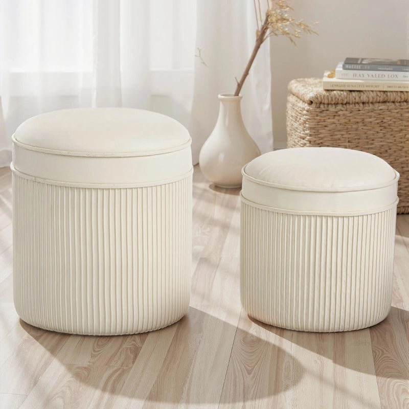 Pouf contenitore 2 pezzi con coperchio e spazio nascosto in poliestere bianco crema