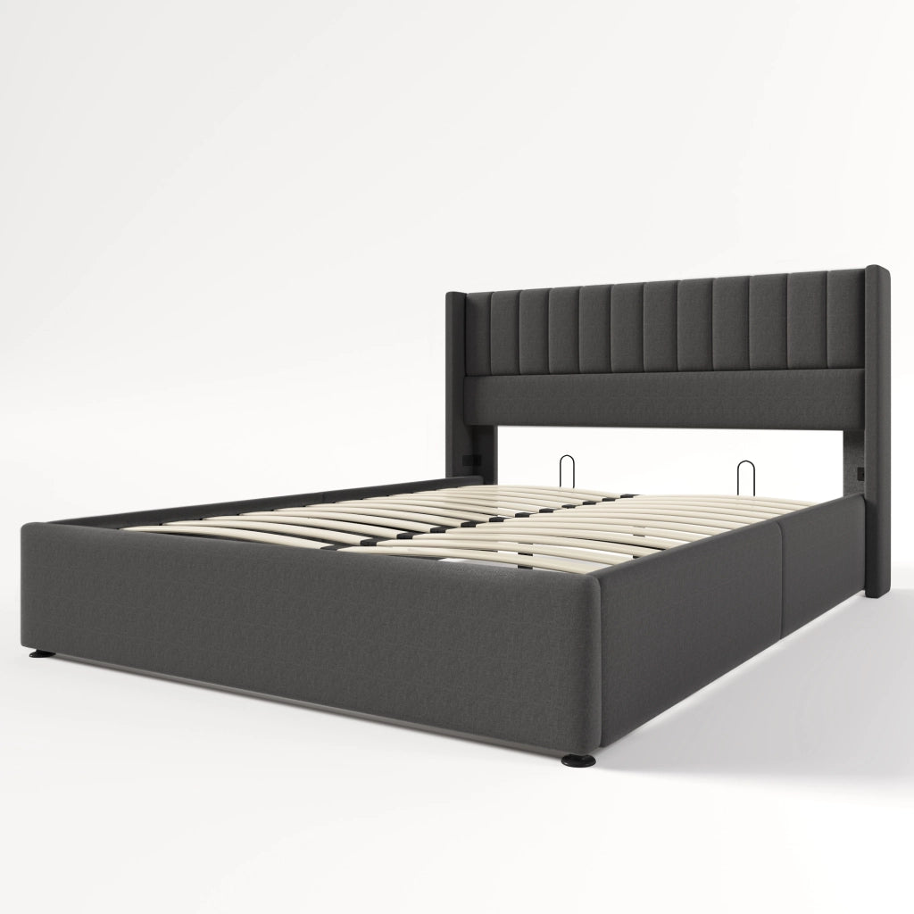 Letti contenitori 140x200 cm; sollevamento idraulico; legno e metallo; grigio (Senza materasso)