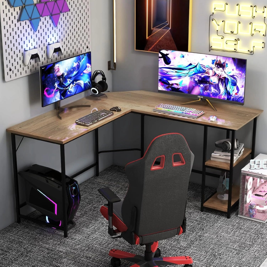 Scrivania Angolare 138 CM, Scrivania ad Angolo con 2 Prese, 2 Porte USB, Telaio in Acciaio al Carbonio e Ripiano a 2 Livelli Rimovibile, Scrivania Salvaspazio da Ufficio e Casa (Legno)