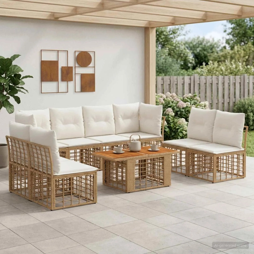 Set Divano da Giardino 9 pz Naturale e Bianco Crema polyrattan 3437850