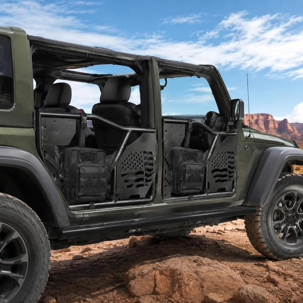 Jeep Tube Doors, 4-Door, Compatible With 2007-2018 Jeep Wrangler JK Unlimited, Steel Off Road Front & Rear Tubular Half Doors With DOT Certified Side View Mirrors, Storage Bag And Rubber Pads