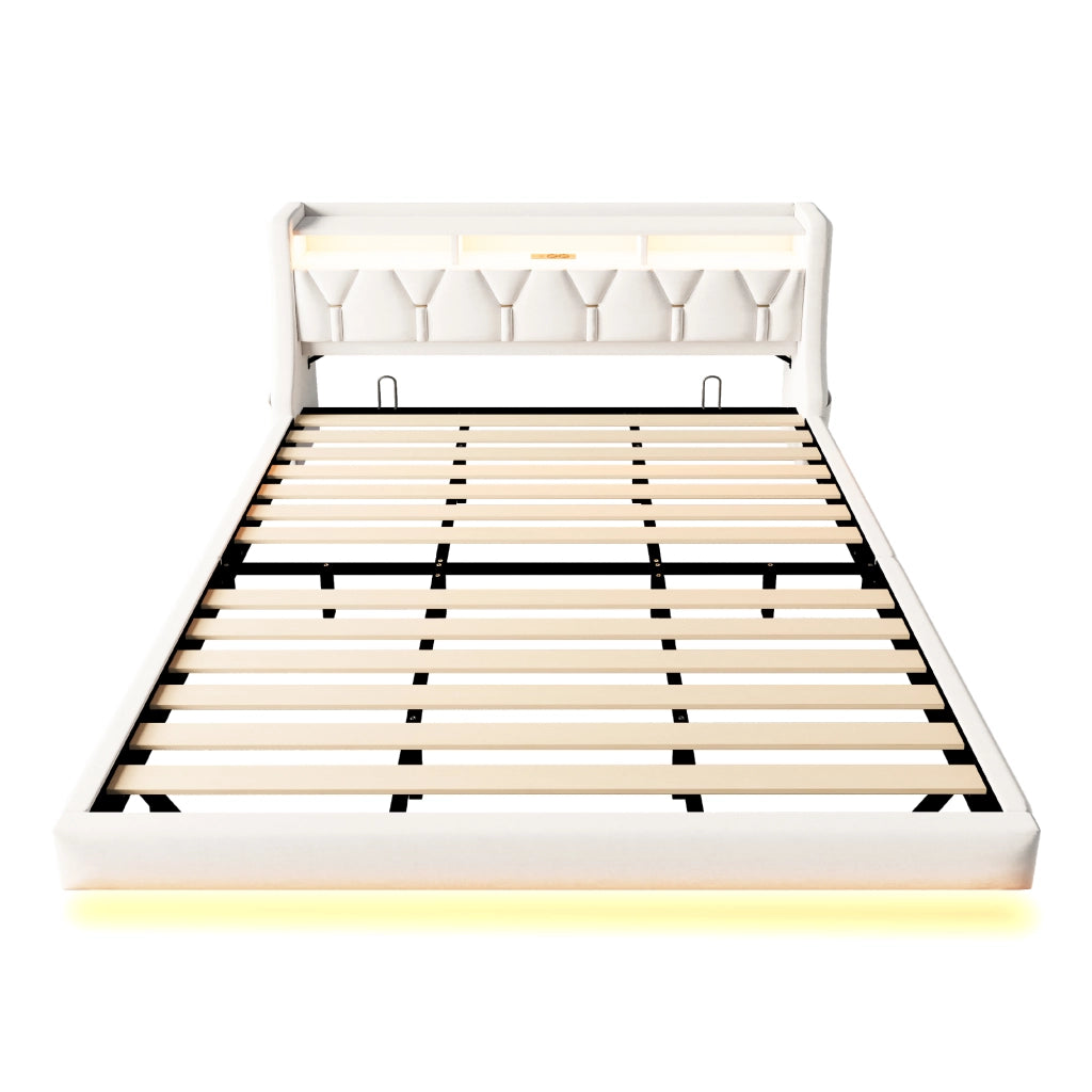 Letto Matrimoniale 180x200 cm con USB; Tipo C; LED; Testiera Contenitore in Velluto Beige