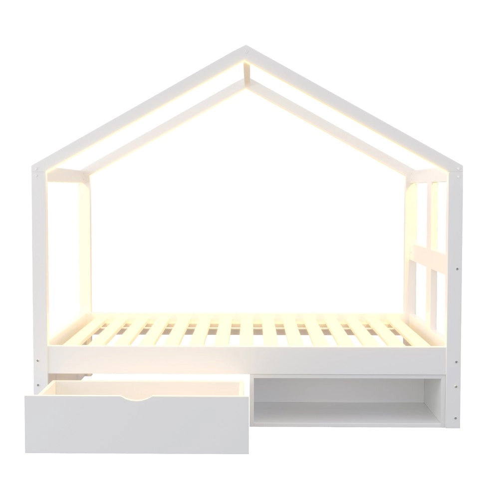 Letto singolo con LED - Zephmum- 90¡Á190 cm- Bianco- Cassetti e armadietto per scarpe