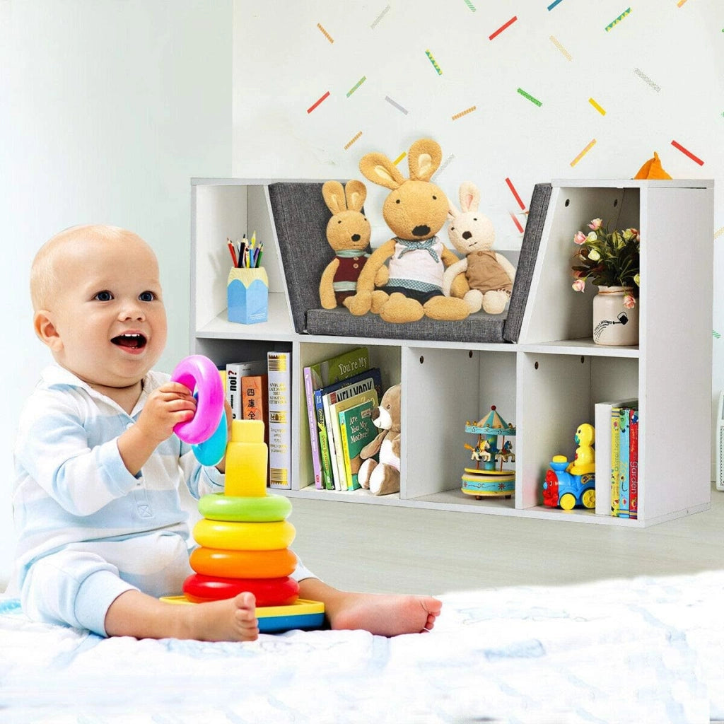 Scaffale per Libri, Libreria Panca in Legno con Cuscini per Bambini (BIanco)