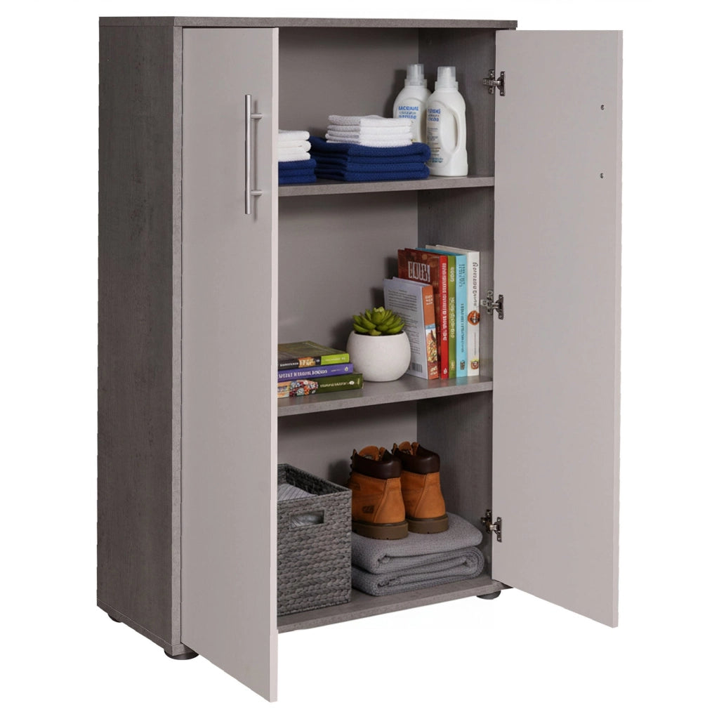 Armadio multiuso Angie, Mobile ausiliario con ripiani, Armadio lineare, Guardaroba Portascarpe, portaoggetti, Bianco e Cemento, cm 79x34h118