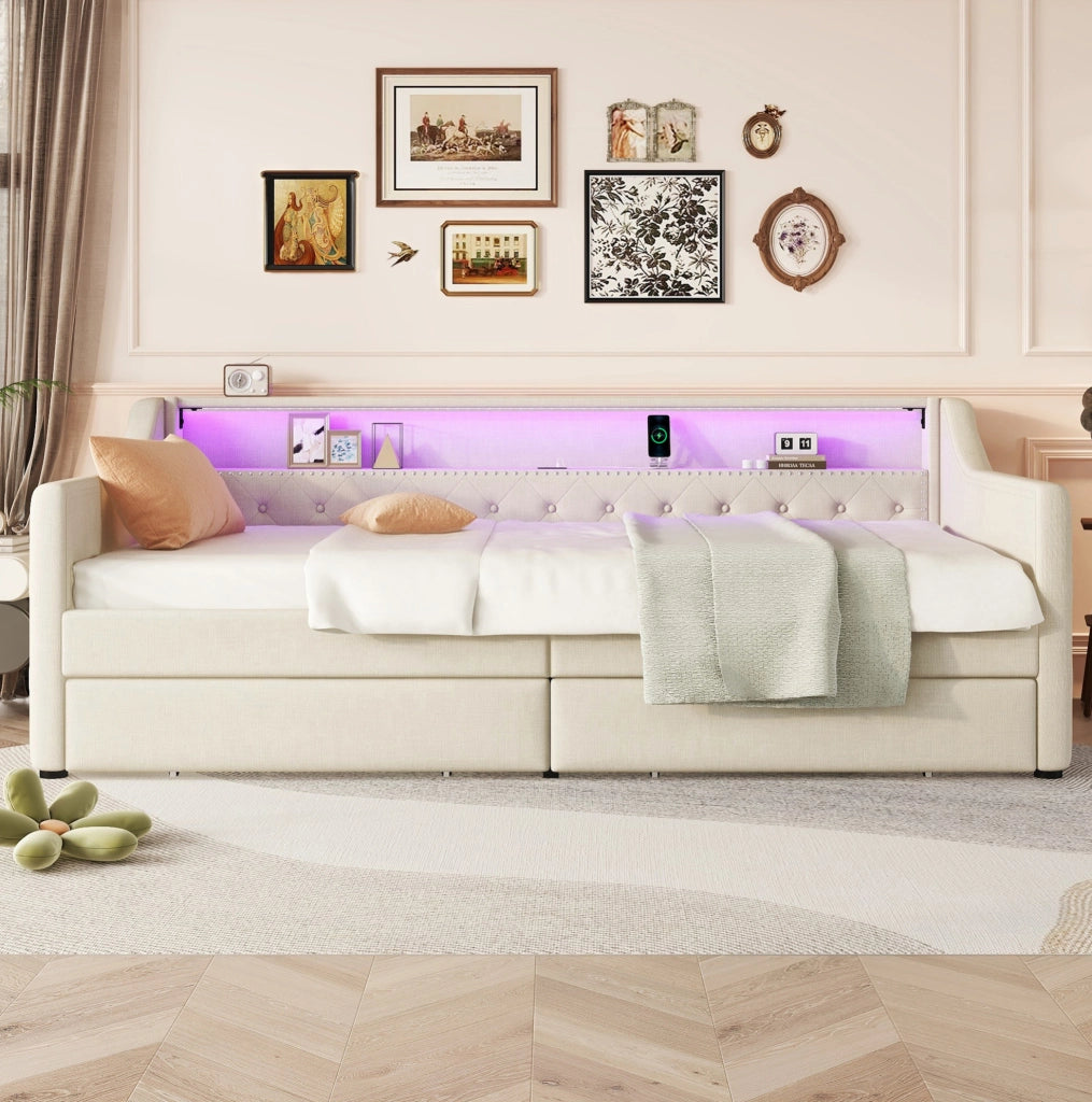 Letto 90x200 cm con LED; USB e 2 cassetti in lino beige