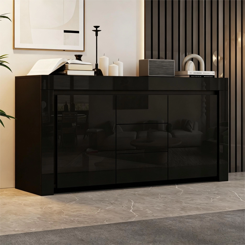 Credenza con LED controllabile tramite app 2 ante 3 cassetti frontale lucido in MDF nero 140 × 40 × 65 cm