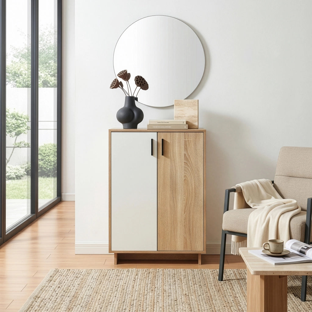 Armadietto Kenta Credenza Stretta Salvaspazio con 2 Ante 90x60x35 cm Effetto Rovere Sonoma / Bianco [en.casa]