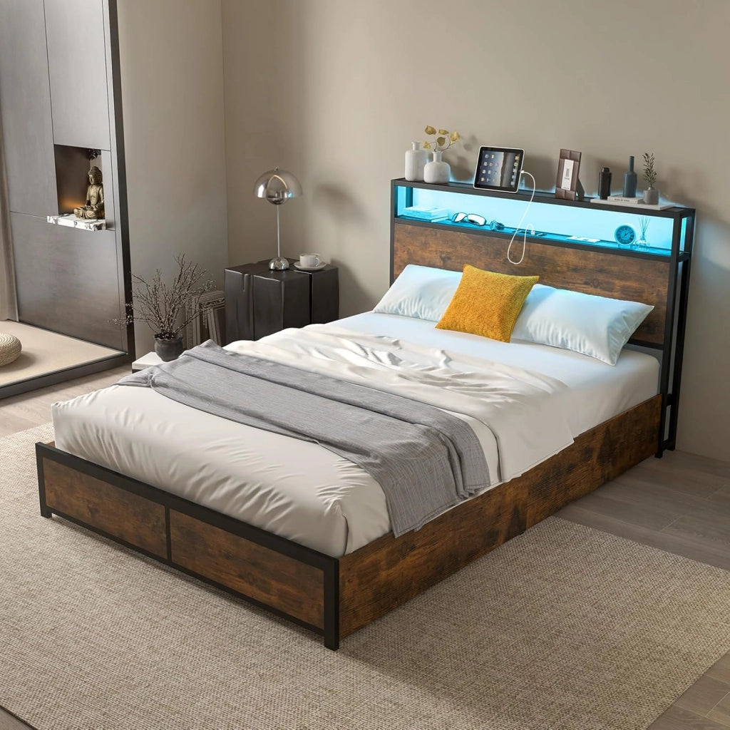 Letto con 4 Cassetti e Testiera, Struttura Letto 200x140 cm con Luci LED Regolabile e Presa Multipla, Carico Massimo 300kg, Silenzioso (200x140 cm)