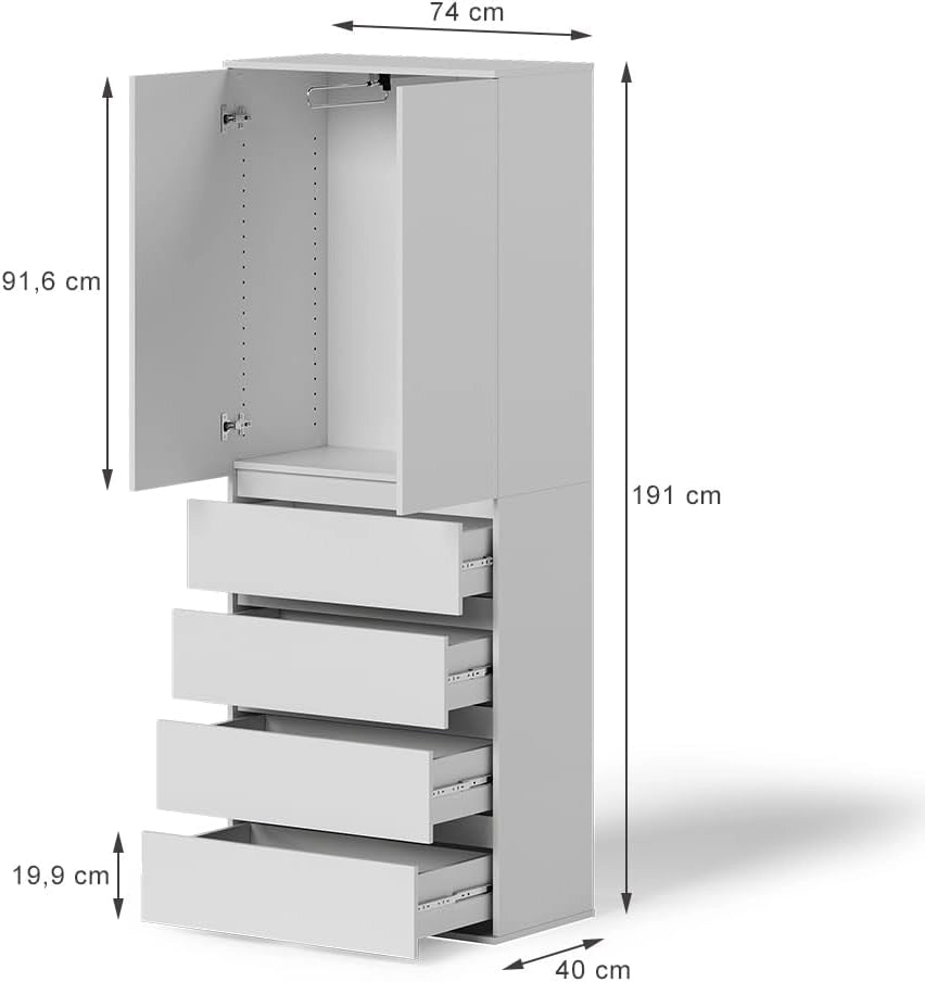Armadio Claus, Bianco, 74 x 191.5 cm con 4 cassetti, per la conservazione di abbigliamento e tessili