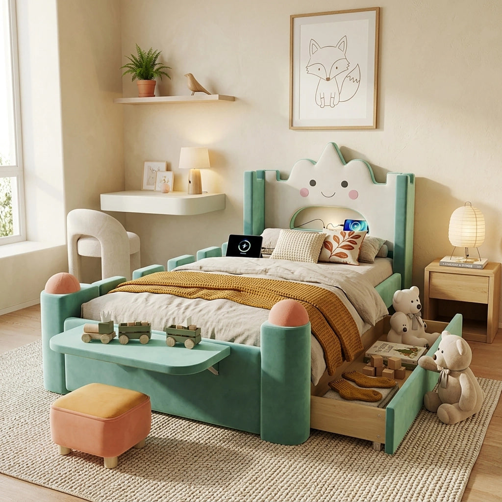 Letto per bambini 90 × 200 cm con lampada da lettura, USB, cassetto contenitore, senza materasso, blu e verde