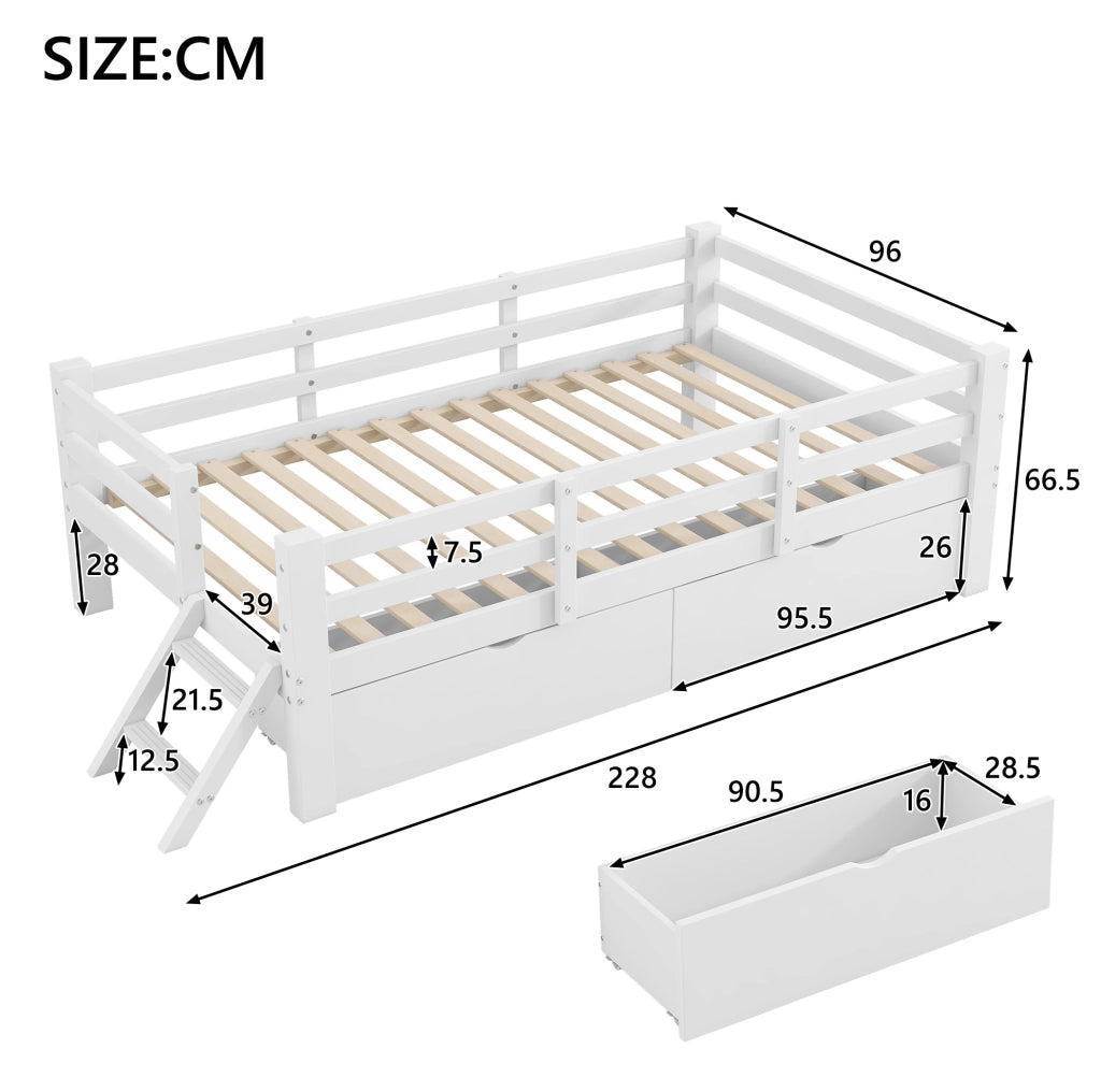 Letto a piattaforma 90x200 cm con sponde di protezione e 2 cassetti; bianco