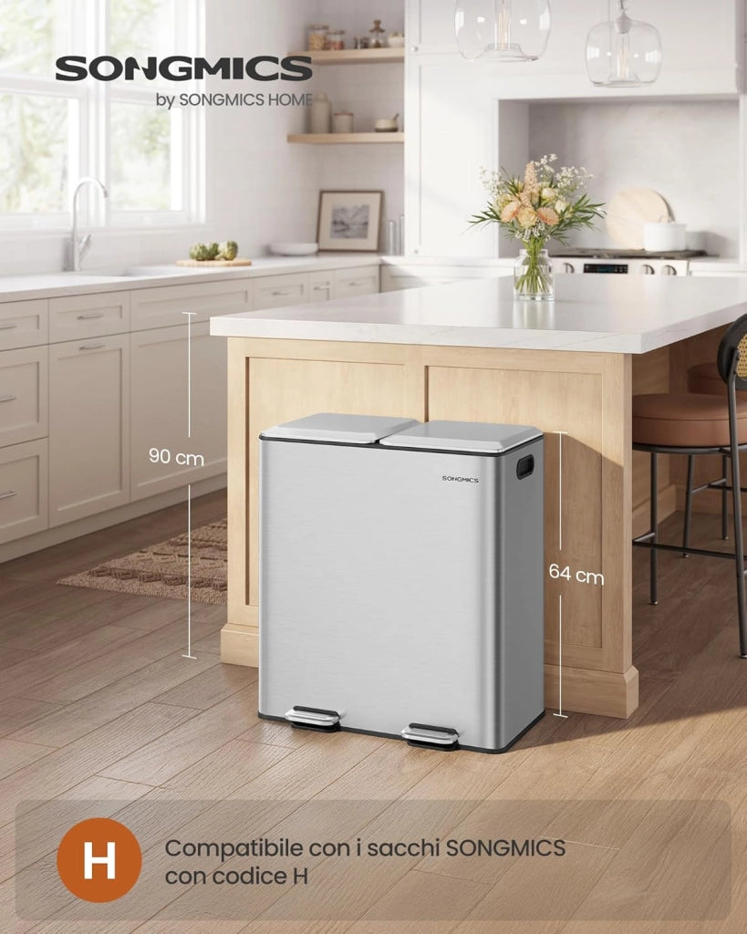 SONGMICS Cestino da Cucina, 2 x 30 L, 2 Scomparti per Raccolta Differenziata, con Coperchi a Chiusura Morbida e Secchi Interni Rimovibili, Pedali, Acciaio Inox, Argento Metallizzato LTB743E01