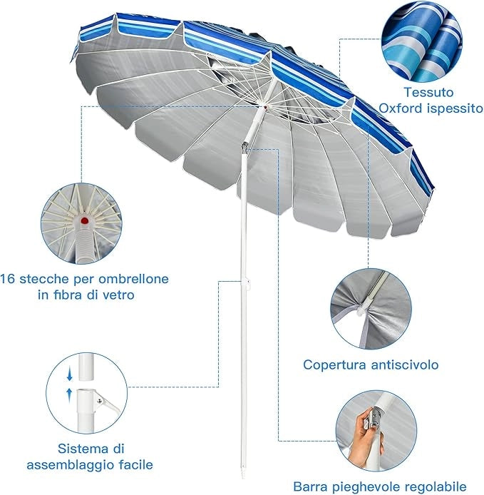 Ombrellone da Spiaggia 2,43 m, Ombrellone Portatile da Esterno con Borsa di Trasporto, con Protezione Solare, Ideale per Spiaggia, Balcone, Giardino(Blu navy)
