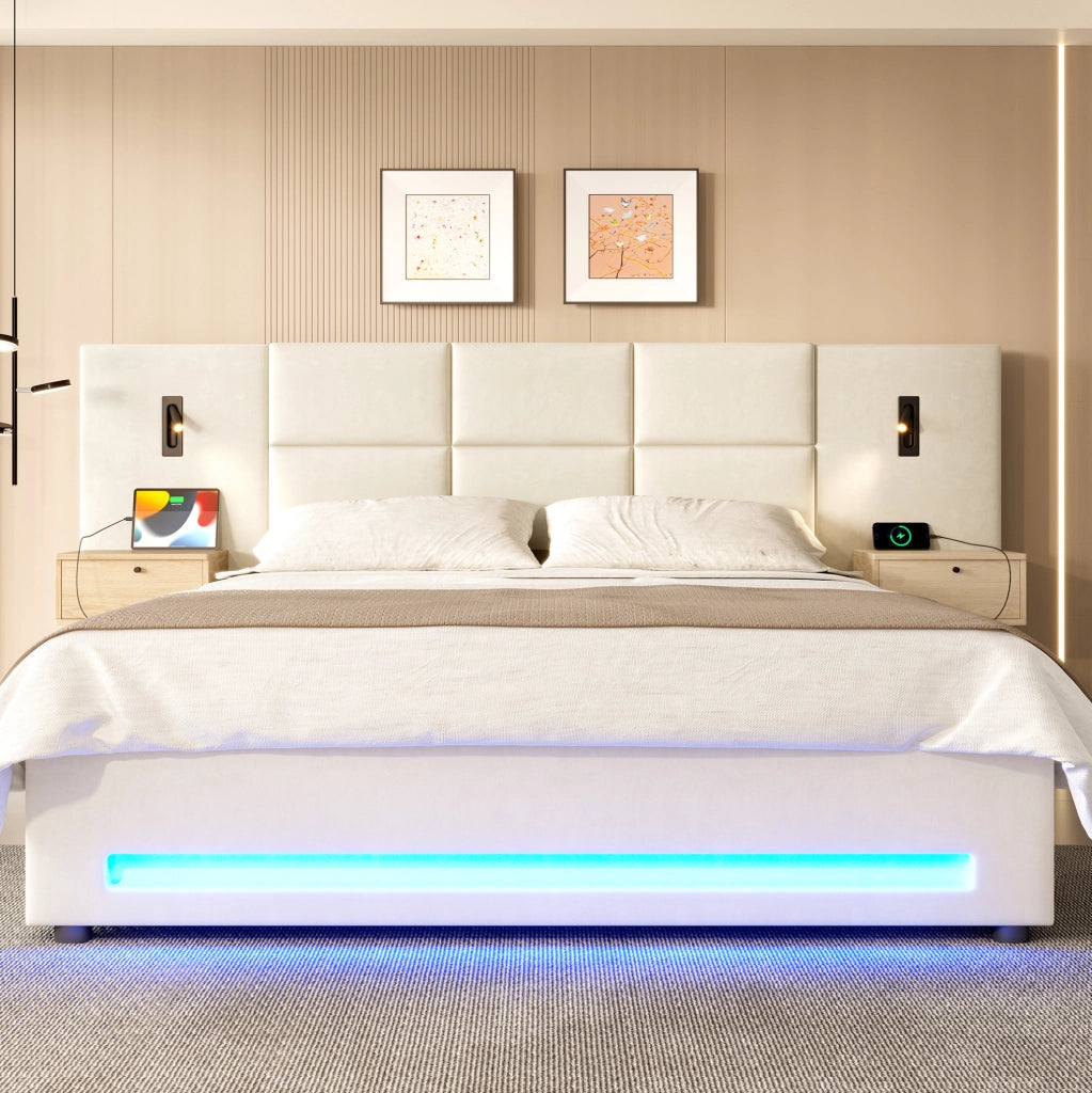 Letto imbottito 180x200 cm con contenitore; USB-C e LED in velluto beige