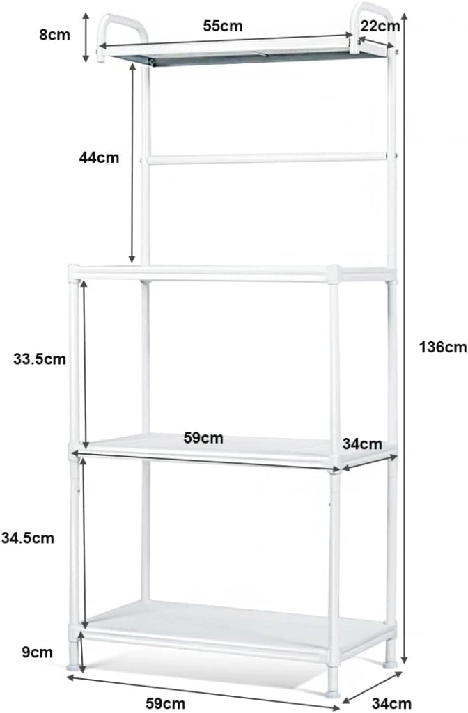 Mensola da Cucina a 4 Livelli in Metallo, con 4 Piedini Antiscivolo, 60 x 34,5 x 136 cm, Supporto per Forno a Microonde, Scaffale Multifunzionale per Cucina e Sala da Pranzo (Bianco)