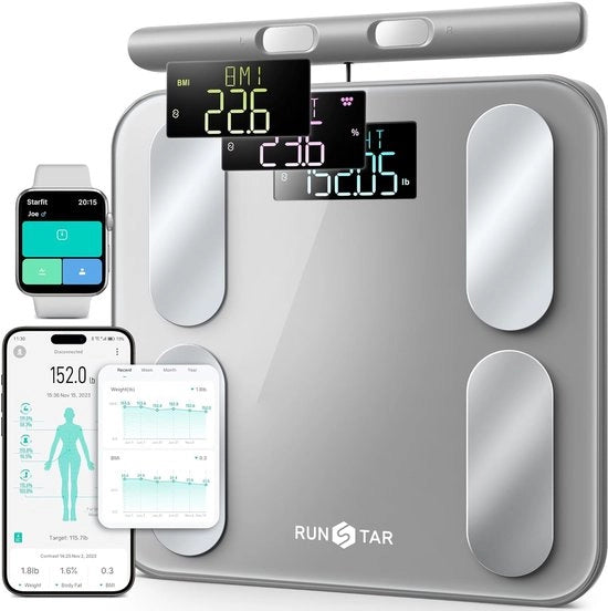 Pesa Elettronica Digitale per Peso del Corpo, Grassello Corporeo e IMC - Pesa Innovativa e Intellegente con 8 Elettrodi, Funzione di Promemoria vocale